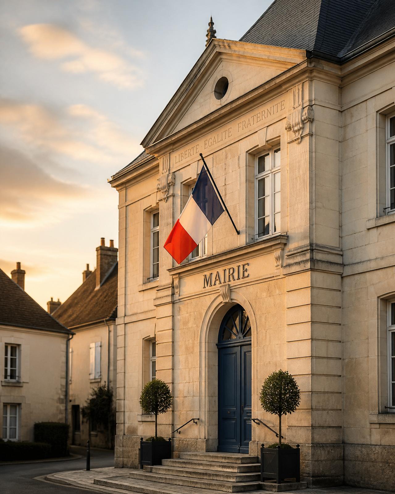 Façade d'une mairie de village française au lever du jour, drapeau tricolore et devise « Liberté, Égalité, Fraternité »